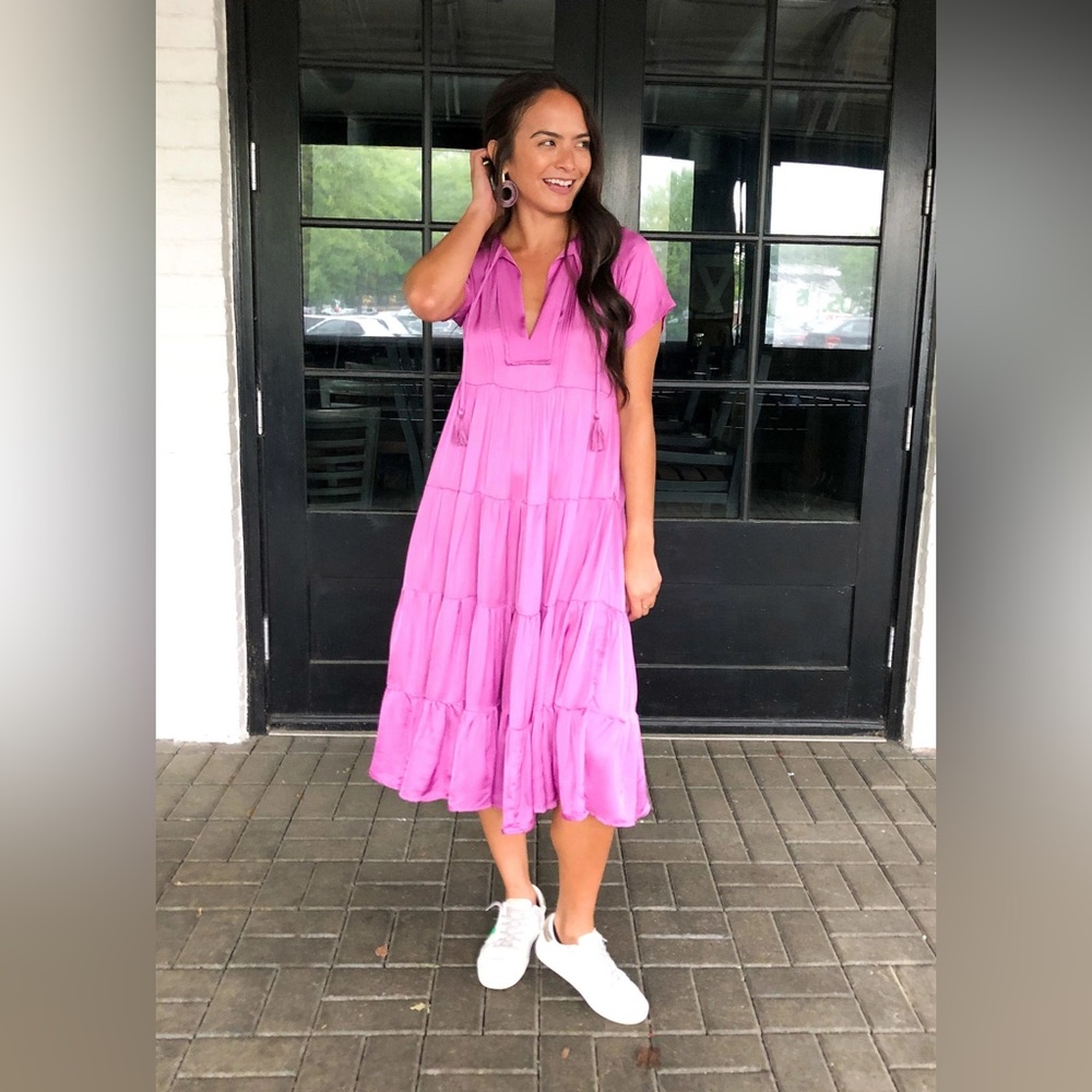 KARLIE Catalina Tiered Midi Dress in Magenta SZ S